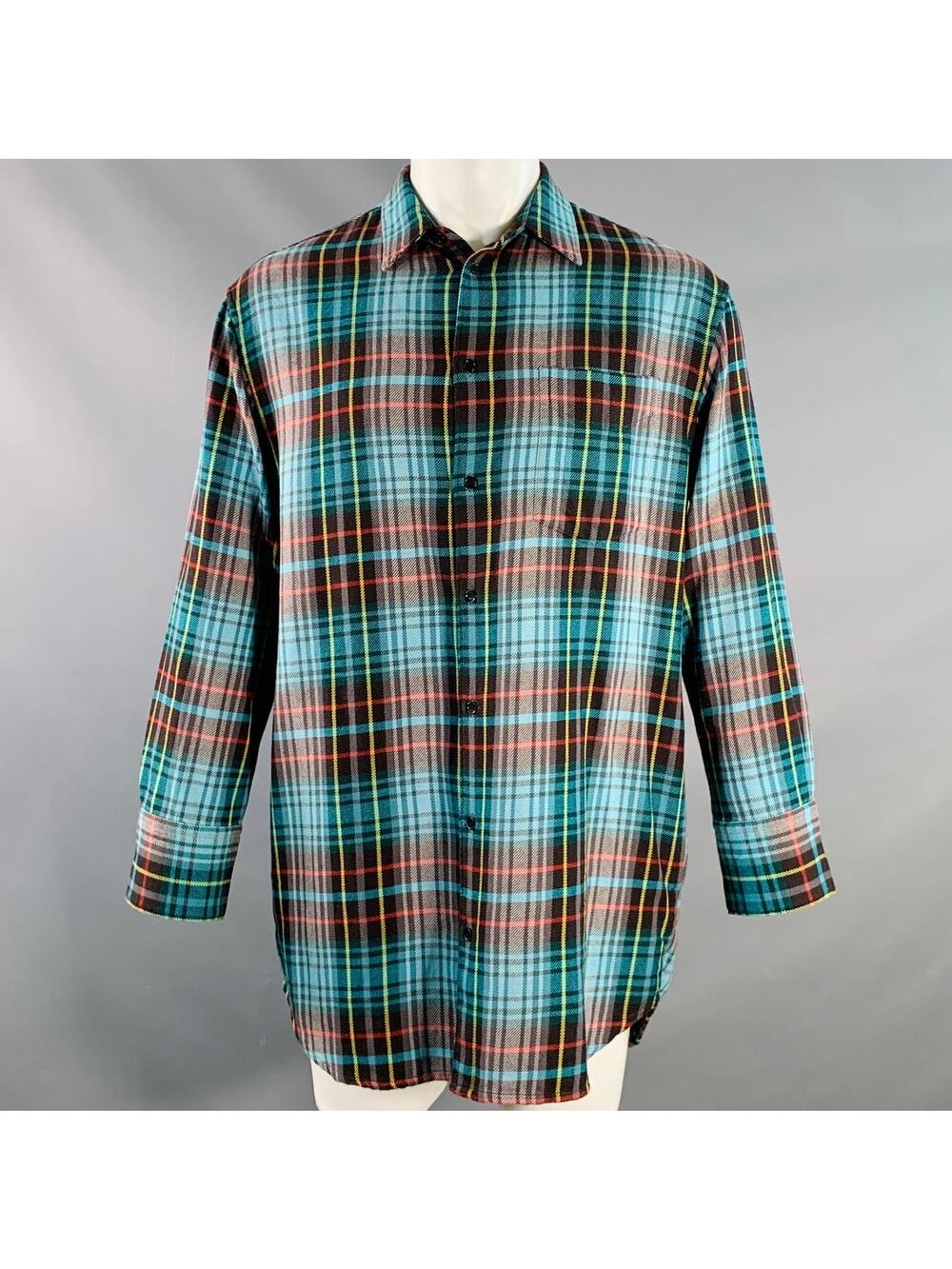 ASPESI Aqua Multi Color Plaid Cotton Oversized Longline Long Sleeve Shirt